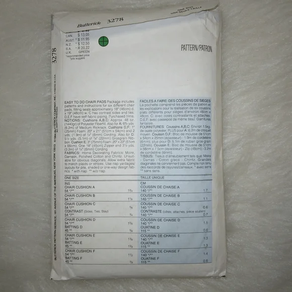 Butterick 3278 At Home with Waverly Chair Pads in 6 styles - Picture 4 of 4